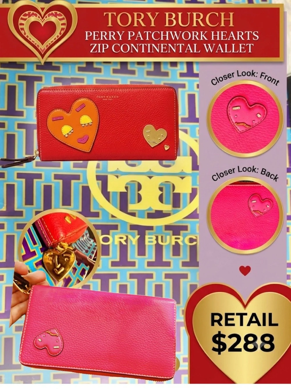 Tory Burch Perry Patchwork Hearts zip continental wallet with heart zipper pull